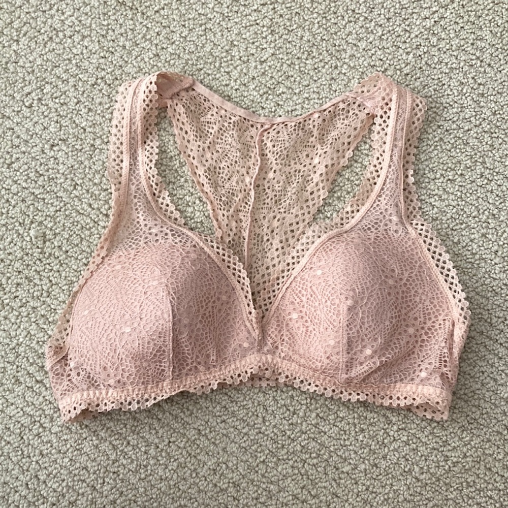 Victoria’s Secret Lacy Bralette Nude Tan Long Line Padded Size Small EUC